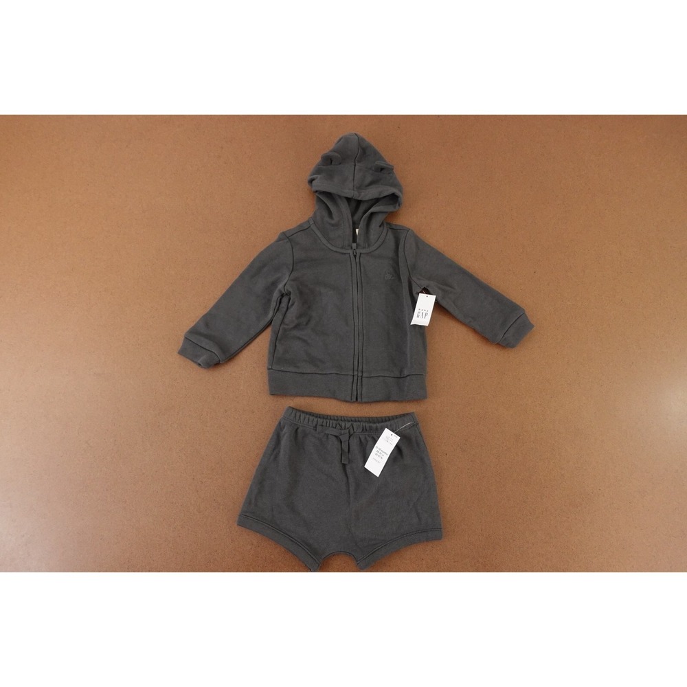 Gap Baby 12-18 Months Gray Brannan Bear Two-Piece Hooded Outfit Short Set NWT